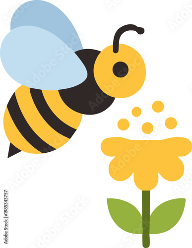 Cute cartoon bee collecting pollen from a yellow flower, vector illustration