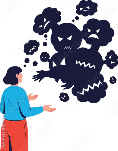 Woman Confronting Mental Health Issues and Negative Thoughts Illustration