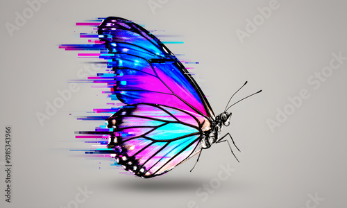 Abstract Glitch Art Butterfly with Vibrant Blue and Pink Wings