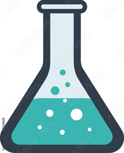 Laboratory flask with turquoise liquid and bubbles, science experiment icon