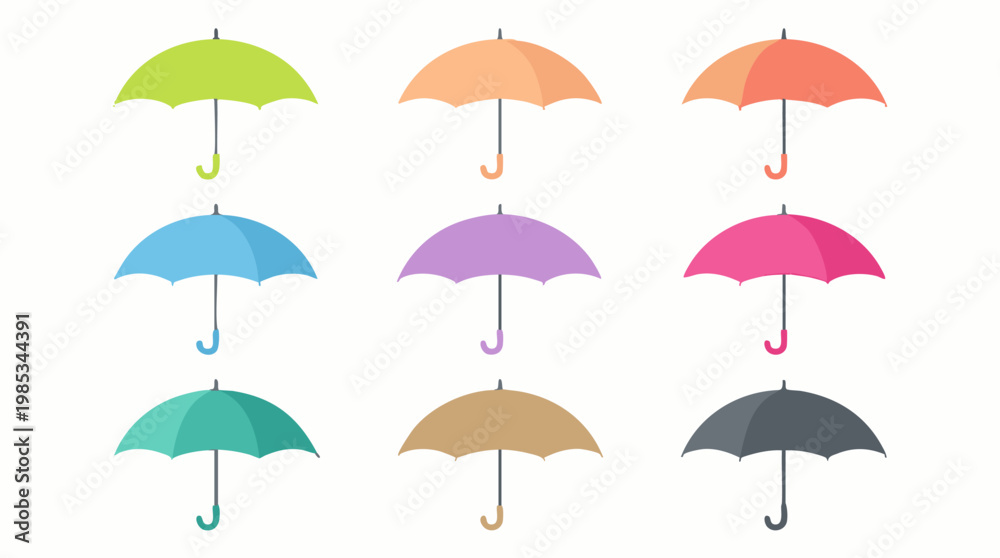 Obraz premium Set of nine colorful flat design umbrellas on white background