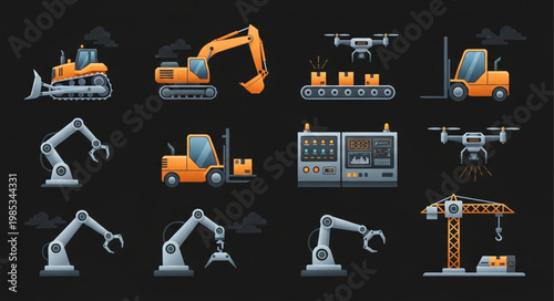 Collection of industrial machinery and automation equipment icons.