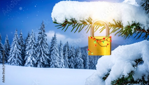 Golden padlock among snow-covered pine branches with festive lights, symbolizing cybersecurity, protection, and holiday celebration.