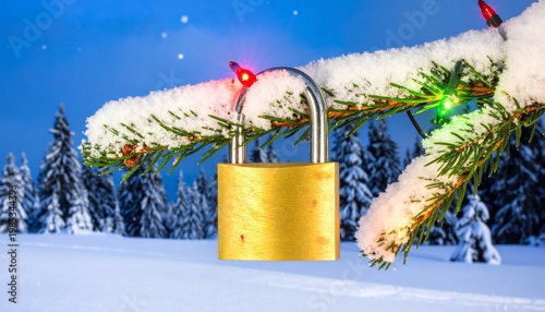Golden padlock among snow-covered pine branches with festive lights, symbolizing cybersecurity, protection, and holiday celebration.