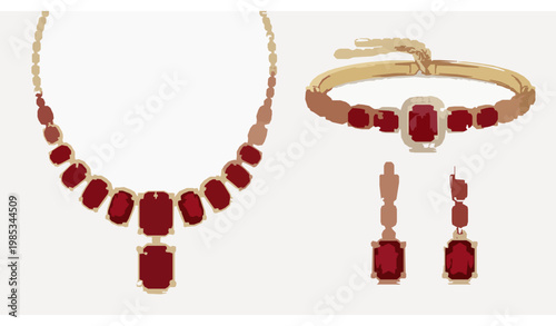 Elegant ruby jewelry set – necklace, bracelet and earrings isolated vector illustration