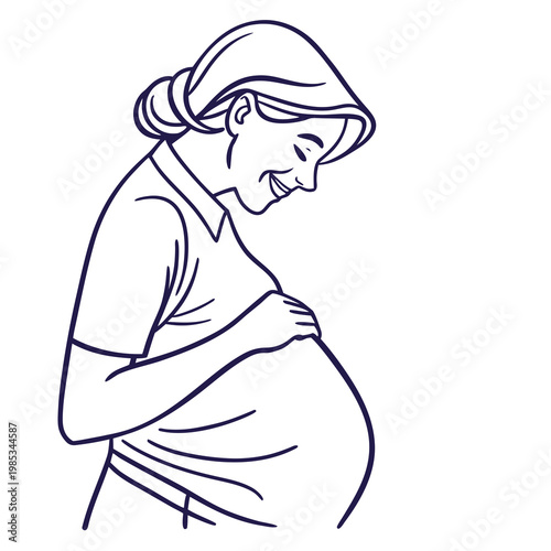 A pregnant woman in a simple line art style, cradling her belly with a gentle smile