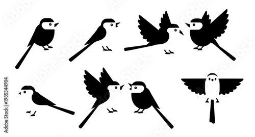 A decorative pattern style arrangement of long-tailed tit birds in different poses, evenly spaced with artistic balance on a solid white background.
