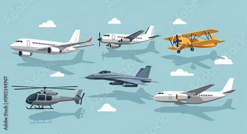 Collection of diverse aircraft flying in the sky.