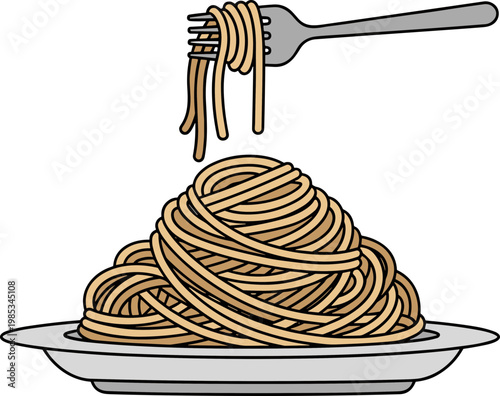 Fork Twirling Spaghetti Pasta on Plate, Delicious Italian Cuisine, Food Illustration
