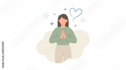 Woman in peaceful prayer or meditation with heart and sparkling elements