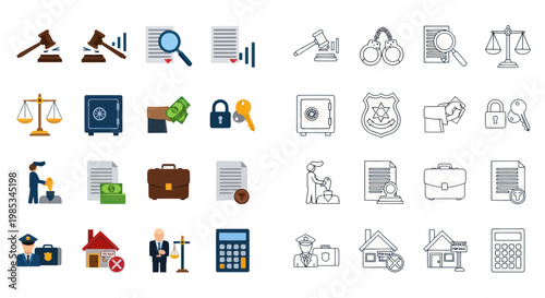 Legal Icons Set: Justice, Law, Finance, Security, Property, Crime