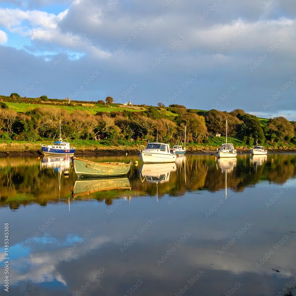 Fototapeta premium A serene lake scene with boats and a cloudy sky reflected