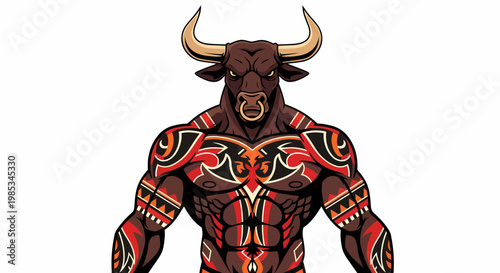 Muscular Bull with Colorful Tribal Tattoos.