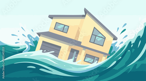 Modern house drowning in floodwaters, a symbol of natural disaster