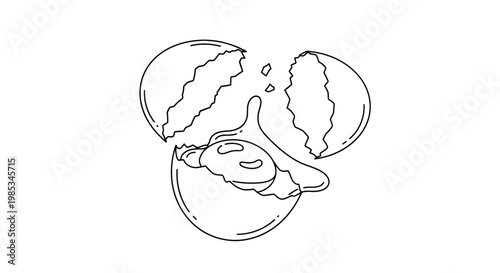 Cracked Egg with Yolk and Shell Fragments Hand Drawn Sketch.