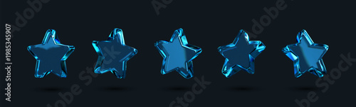 3D blue crystal glass star with refractive and holographic effects, isolated on a dark background.
