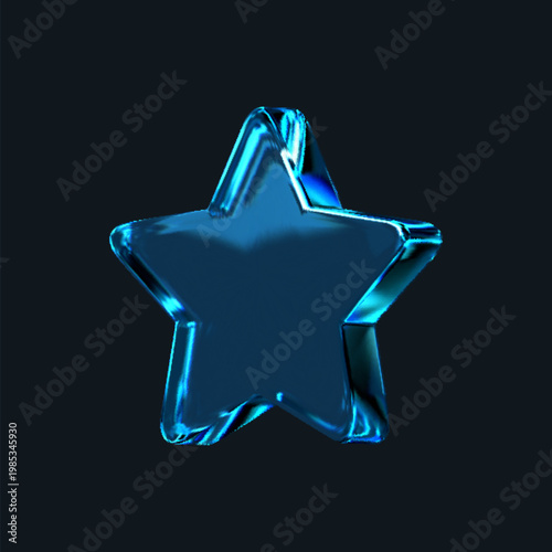 3D blue crystal glass star with refractive and holographic effects, isolated on a dark background.