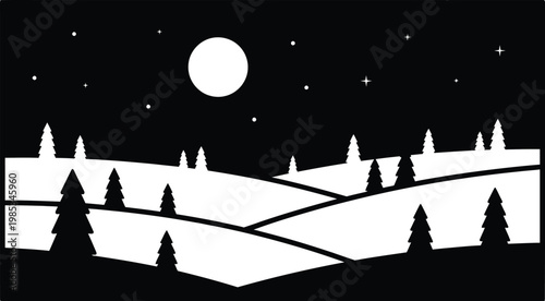 Winter night landscape, silhouette of pine trees and hills under moon and stars