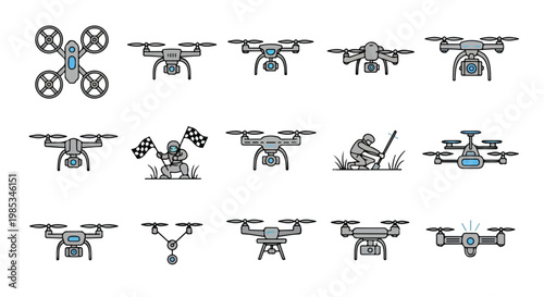 Collection of various drone icons in different designs and styles on a white background.