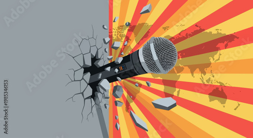 Microphone Breaking Wall Anti Censorship Press Freedom Flat Vector Poster