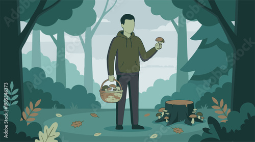 Man picking mushrooms in a forest, holding a basket of fungi