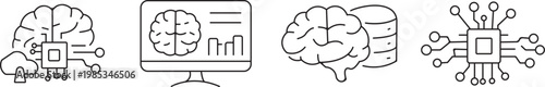 Four line art icons representing brains technology and artificial intelligence concepts