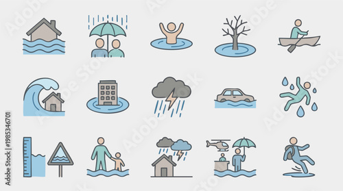 Flood and Natural Disaster Line Icons Set