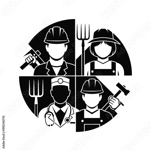 Diverse professions and industry workers concept emblem, professional team and labor diversity illustration