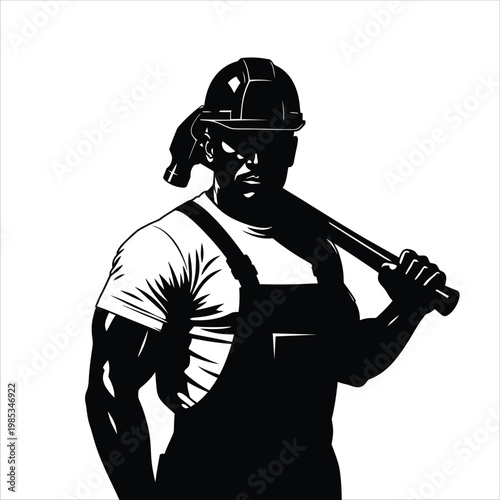 Professional construction worker with hard hat holding a hammer, isolated on white background, vector illustration