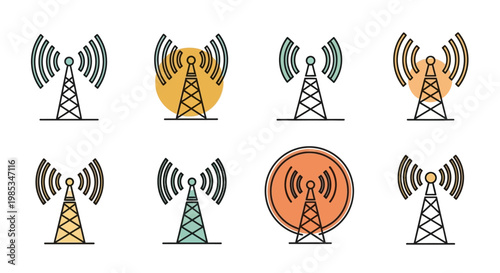 Set of communication tower icons with radio signal waves for broadcasting and telecommunication network