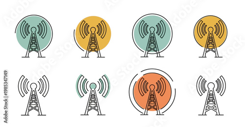 Telecommunication cell tower icon collection with colorful circular backgrounds for network and signal concept