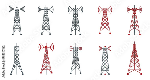 Communication tower and antenna silhouette set in black and red for telecommunication and broadcasting