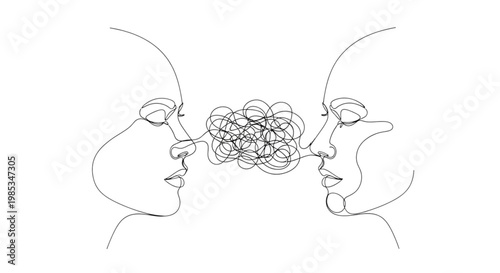 Continuous Line Art Two Faces Tangled Connection Communication Problem Minimal Illustration