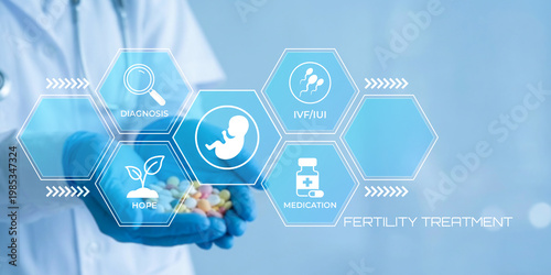 Foto Scientist wearing blue gloves holds handful of pills with medical icons represen