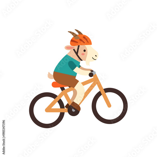 Whimsical cartoon illustration of an anthropomorphic goat wearing a protective helmet, joyfully riding a bicycle, symbolizing active leisure and outdoor recreation