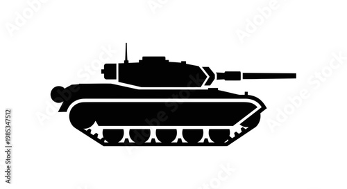 Silhouette of a modern military tank, side view, black on white background