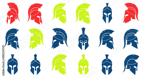 Spartan Helmet Pattern: Red, Blue, and Yellow Ancient Warrior Helmets