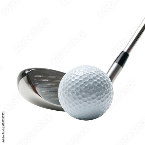 Golf club hitting dimpled white ball on clean white background