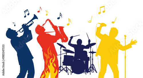 Vibrant Jazz Band Silhouettes Performing Music with Musical Notes