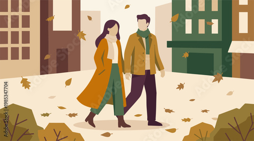 Couple walking in autumn city park, fall season minimalist illustration