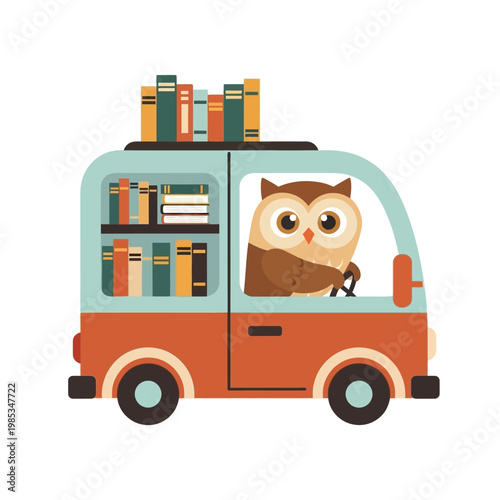 Adorable owl librarian on wheels, driving a cheerful book delivery van packed with stories, symbolizing mobile education, learning, and the delightful spread of literacy