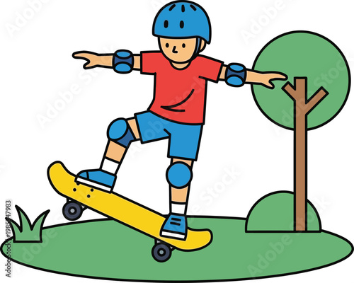 Young Boy Skateboarding in Park, Balancing on Yellow Skateboard, Wearing Helmet and Pads