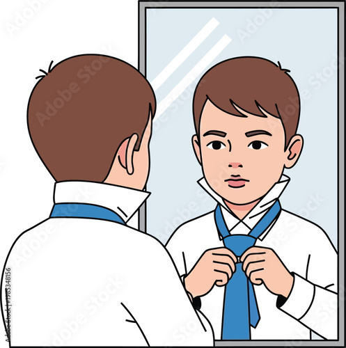 Boy Tying Blue Necktie in Front of Mirror, Getting Dressed