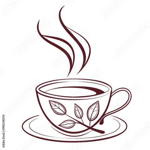 A minimalist vector illustration of a steaming cup of tea with leaves on a saucer