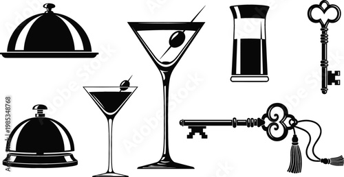 
Luxury Hotel and Restaurant Silhouette Set with Cocktail Glasses, Serving Cloche, Vintage Keys, and Drink Elements for Hospitality and Bar Designs