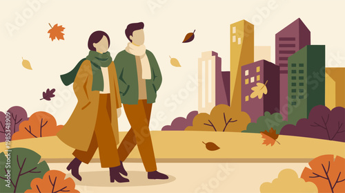 Couple walking in an autumn city park with colorful falling leaves