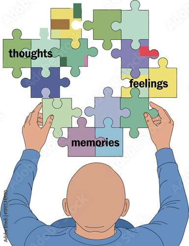 Conceptual Illustration of Person Assembling Puzzle with Thoughts Feelings and Memories Text
