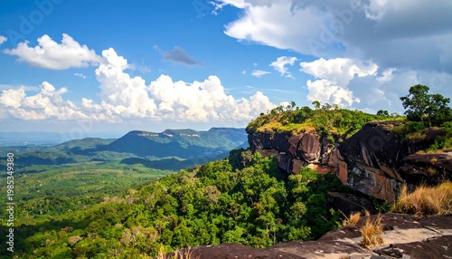 A scenic vista reveals green valleys, rugged cliffs, and a vibrant sky dotted with puffy clouds, bathed in sunlight