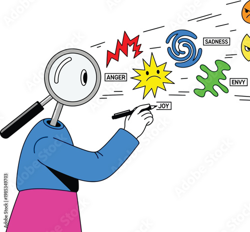 Magnifying glass character identifying and labeling emotions like anger joy sadness and envy