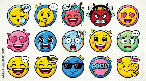 A vibrant collection of diverse emoji faces expressing a wide range of emotions and reactions, presented in a playful cartoon style.